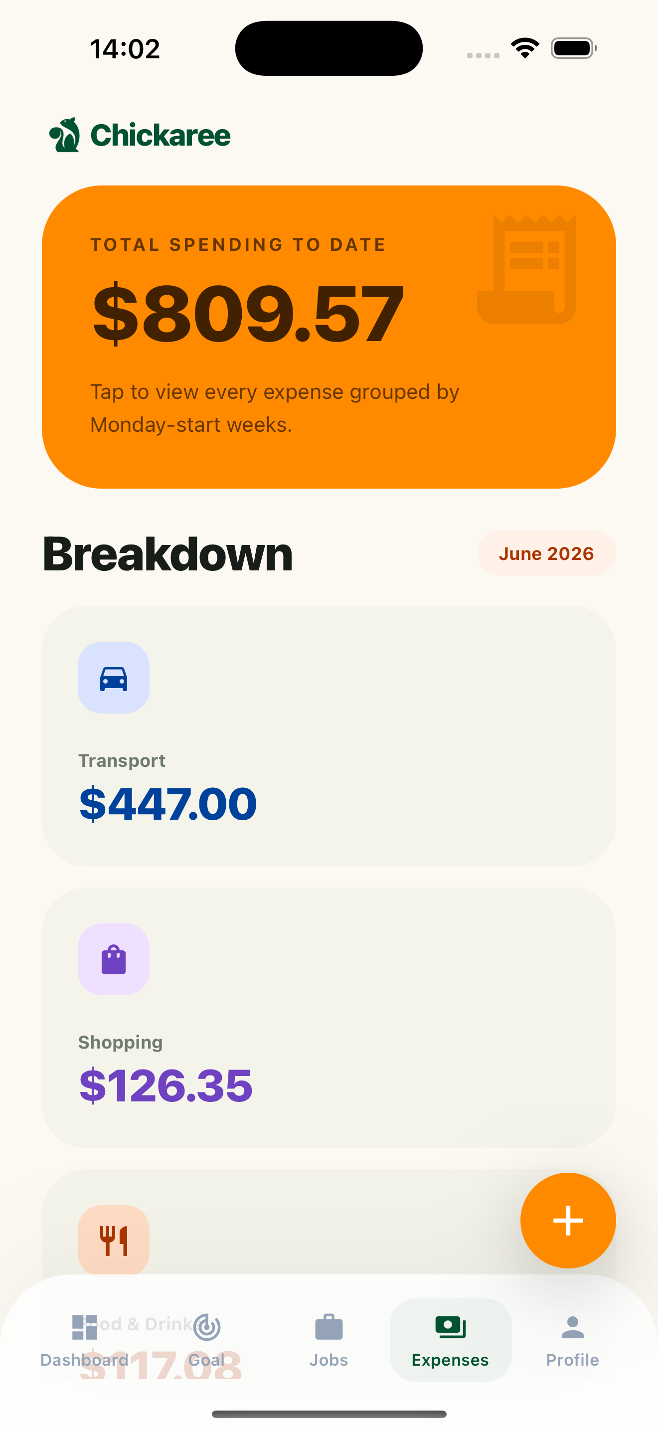 Expenses breakdown by category with total spending