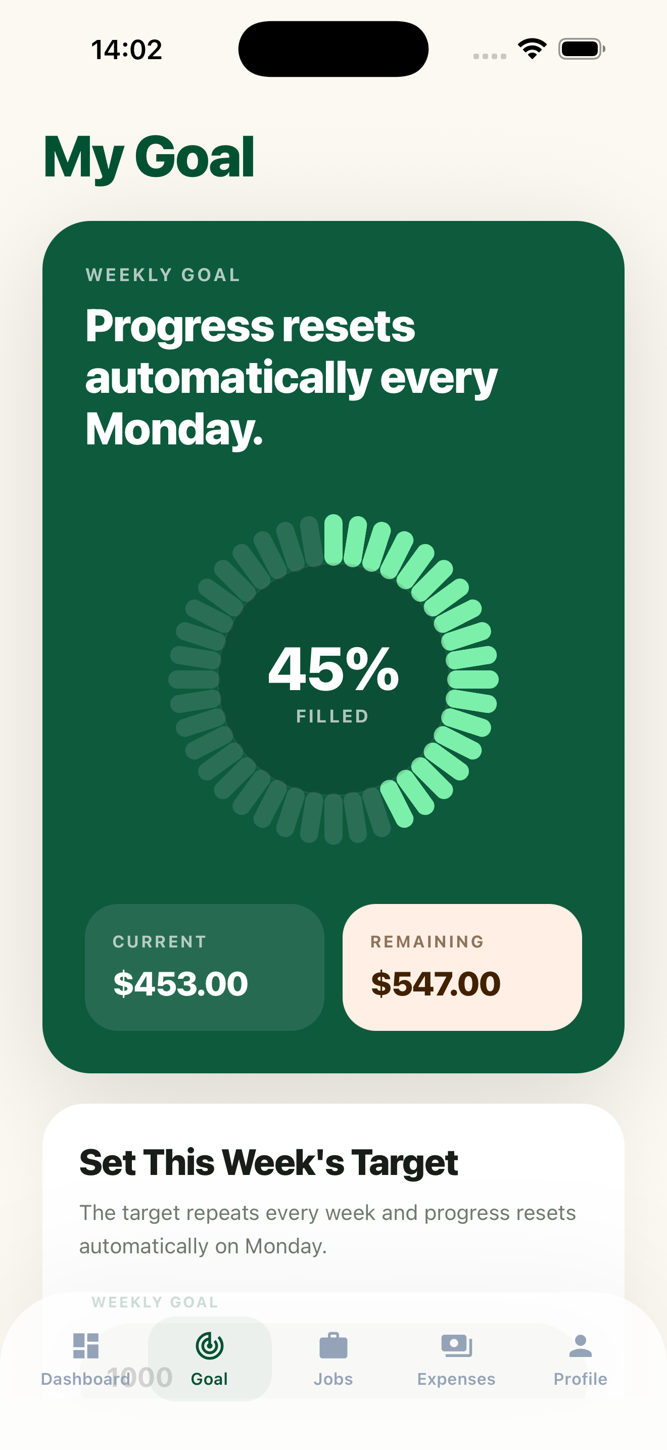 Weekly goal screen with progress ring and motivation quote