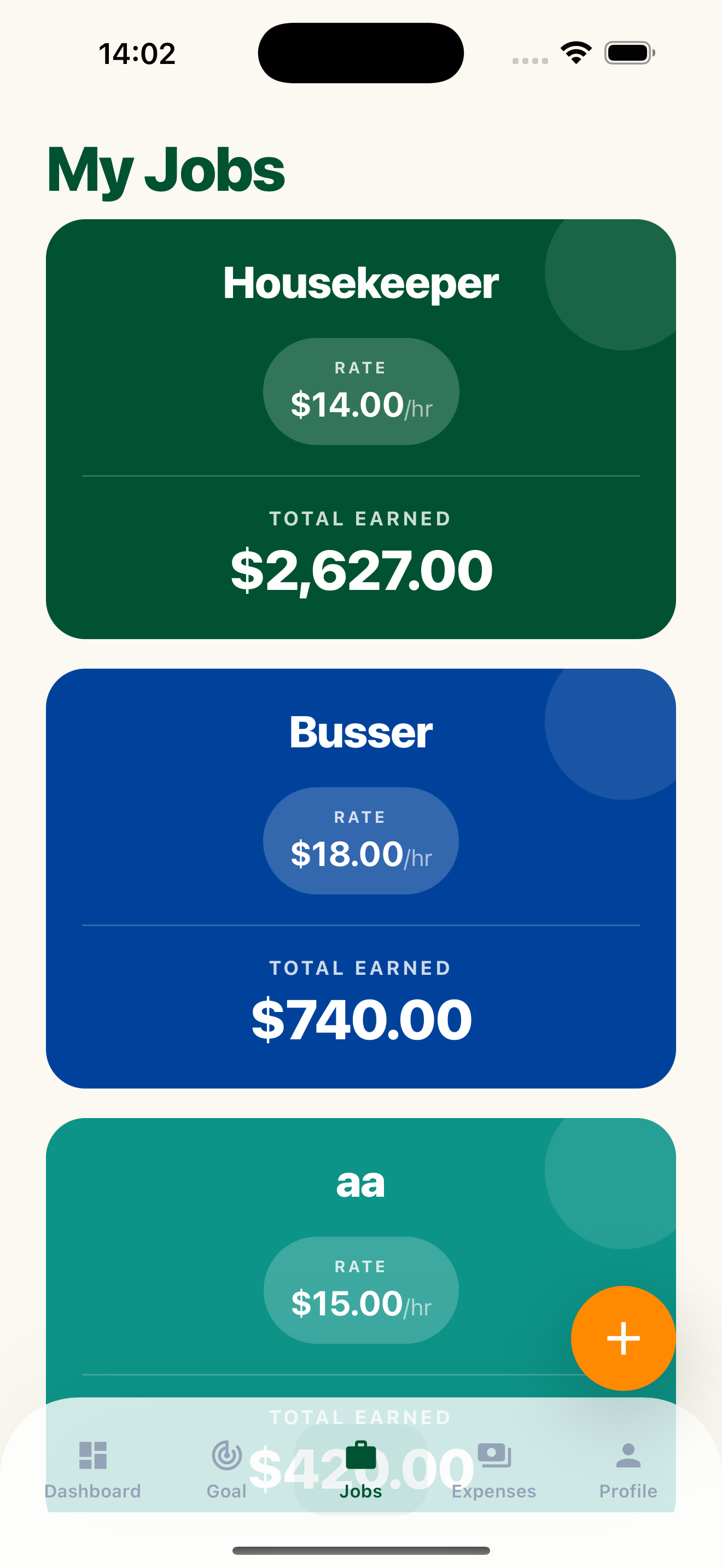 My Jobs screen listing several jobs with hourly rates and total earned