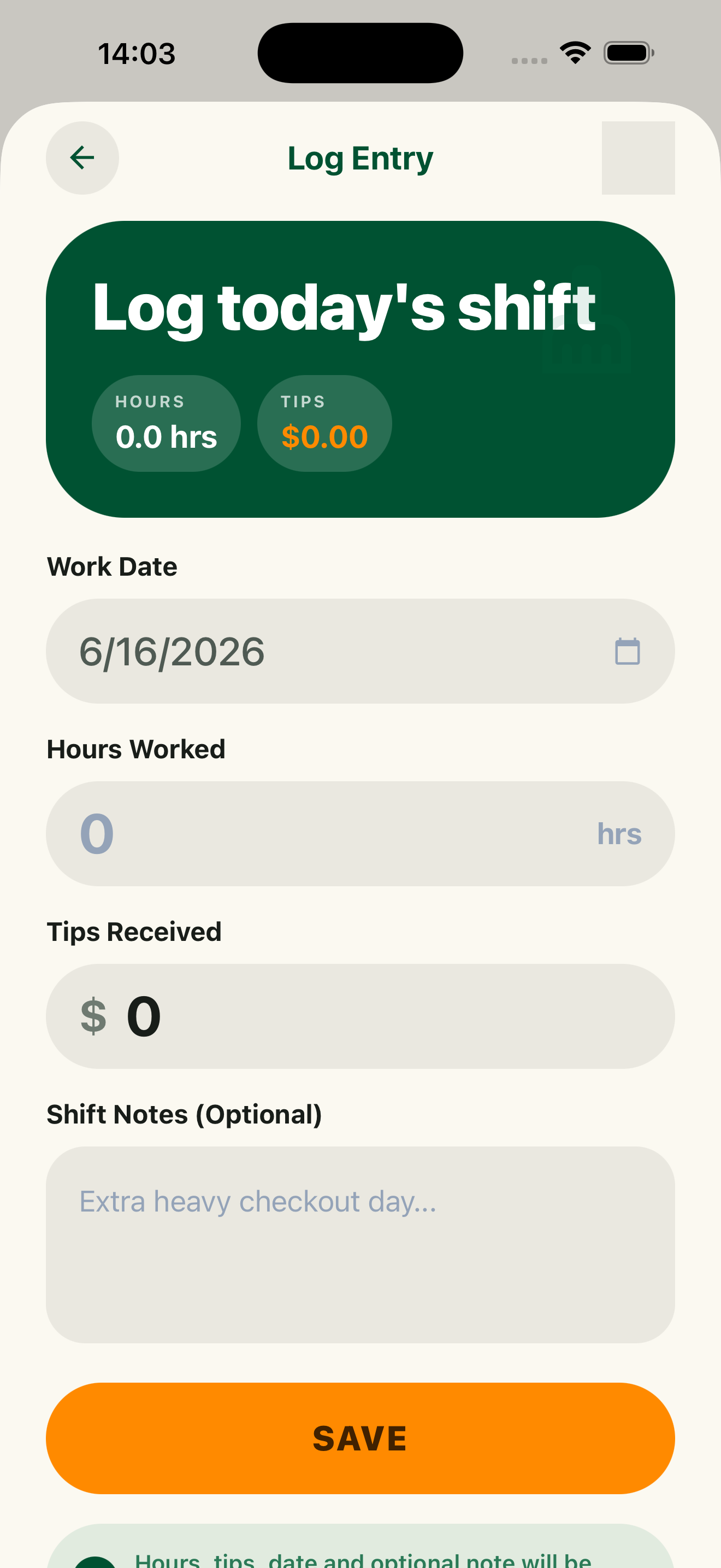 Log Entry screen for recording hours worked and tips received