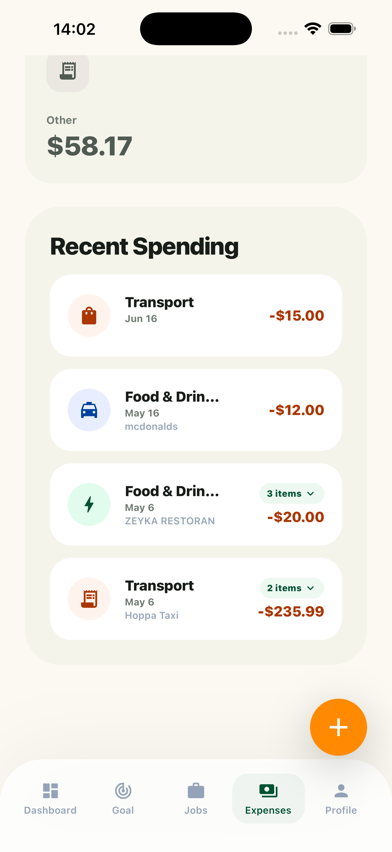 Recent spending list with scanned receipts grouped into items